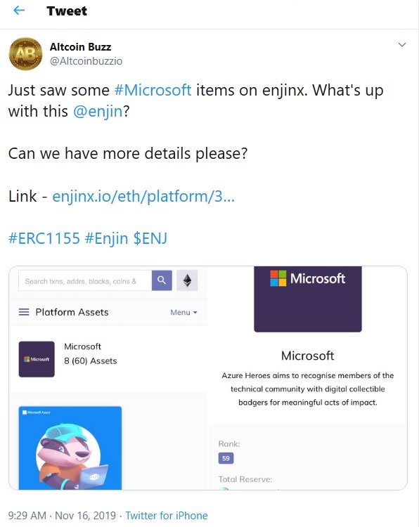 在2019年11月16日发布了推文“ width =” 388“ height =” 488“  data-srcset=” https://cdn.shortpixel.ai/client/q_glossy,ret_img,w_596/https://www.altcoinbuzz.io/wp-content /uploads/2019/12/microsoft-uses-enjin-enj-for-azure-heroes-and-badgers-blockchain-tech.jpg 596w，https://cdn.shortpixel.ai/client/q_glossy,ret_img,w_238/ https://www.altcoinbuzz.io/wp-content/uploads/2019/12/microsoft-uses-enjin-enj-for-azure-heroes-and-badgers-blockchain-tech-238x300.jpg 238w，https:/ /cdn.shortpixel.ai/client/q_glossy,ret_img,w_334/https://www.altcoinbuzz.io/wp-content/uploads/2019/12/microsoft-uses-enjin-enj-for-azure-heroes-and -badgers-blockchain-tech-334x420.jpg 334w“ size =”（最大宽度：388px）100vw，388px