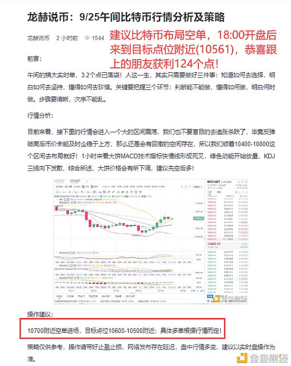 龙赫说币：9/25比特币空单获利124个点 观我一文你